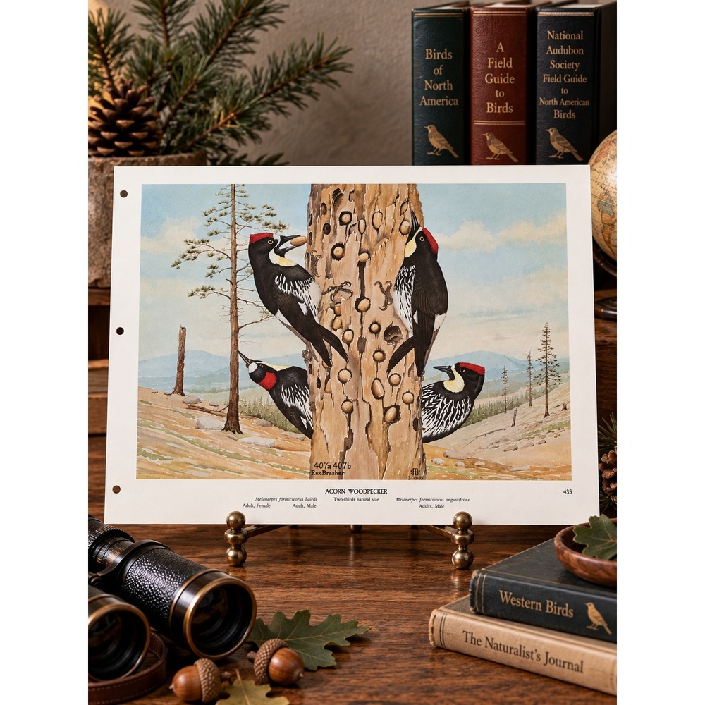 1968 Rex Brasher Acorn Woodpecker Bird Vtg Original Book Plate Wall Art Decor